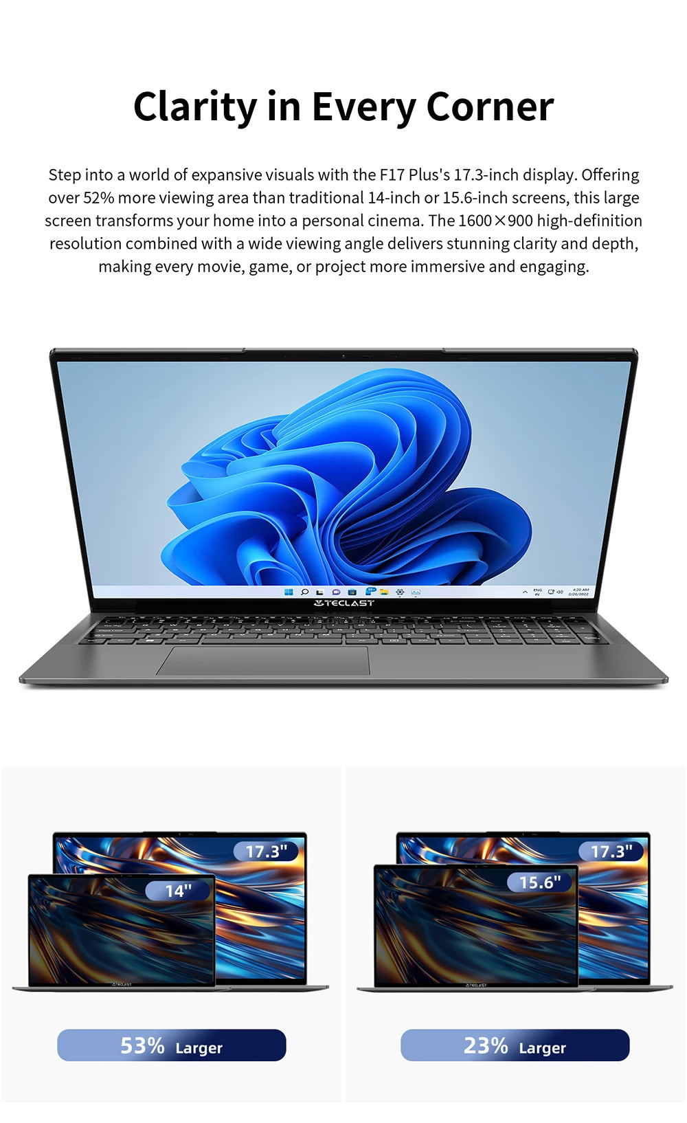 【New】 17,3 inch Teclast F17Plus laptop for Intel N95 16GB RAM 512GB SSD Windows 11 Notebook