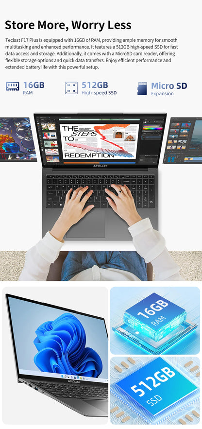 【New】 17,3 inch Teclast F17Plus laptop for Intel N95 16GB RAM 512GB SSD Windows 11 Notebook