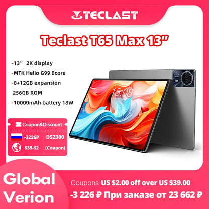 【World Premiere】Teclast T65 Max 13" HD Display Android 14 Tablet MediaTek G99 8GB RAM 256GB ROM 10000mAh Battery Widevine L1