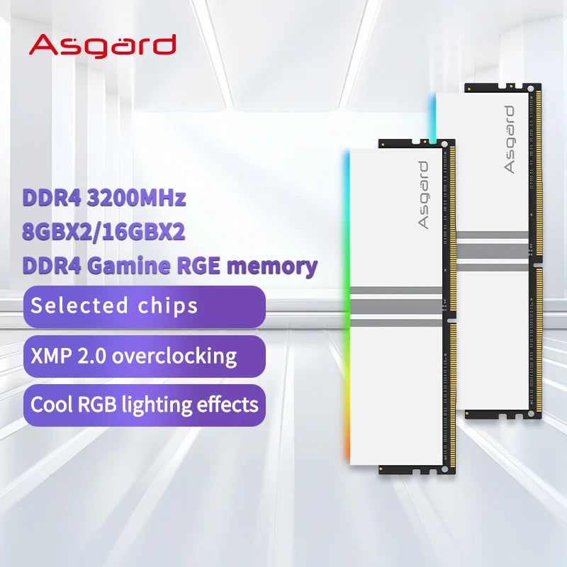 Asgard  Valkyrie  Memory DDR4 RAM PC 8GBX2 16GB 32GB 3200MHz 3600MHz RGB RAM White heatsink OC Performance for Desktop