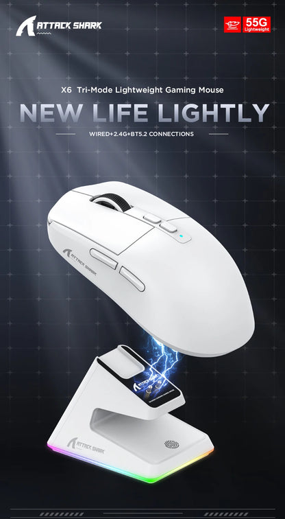 Attack Shark X6 PAW3395 Bluetooth Mouse,Tri-Mode Connection,RGB Touch Magnetic Charging Base,Macro Gaming Mouse