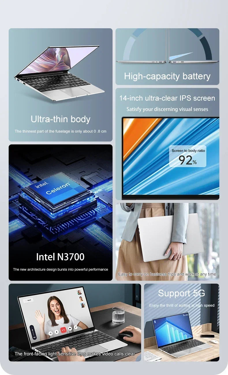 14.1" Ultra Slim Laptop 16GB RAM 2TB SSD Intel N3700 Notebook Gamer  1920*1080  Display Office Study Computer PC Windows 11 Pro