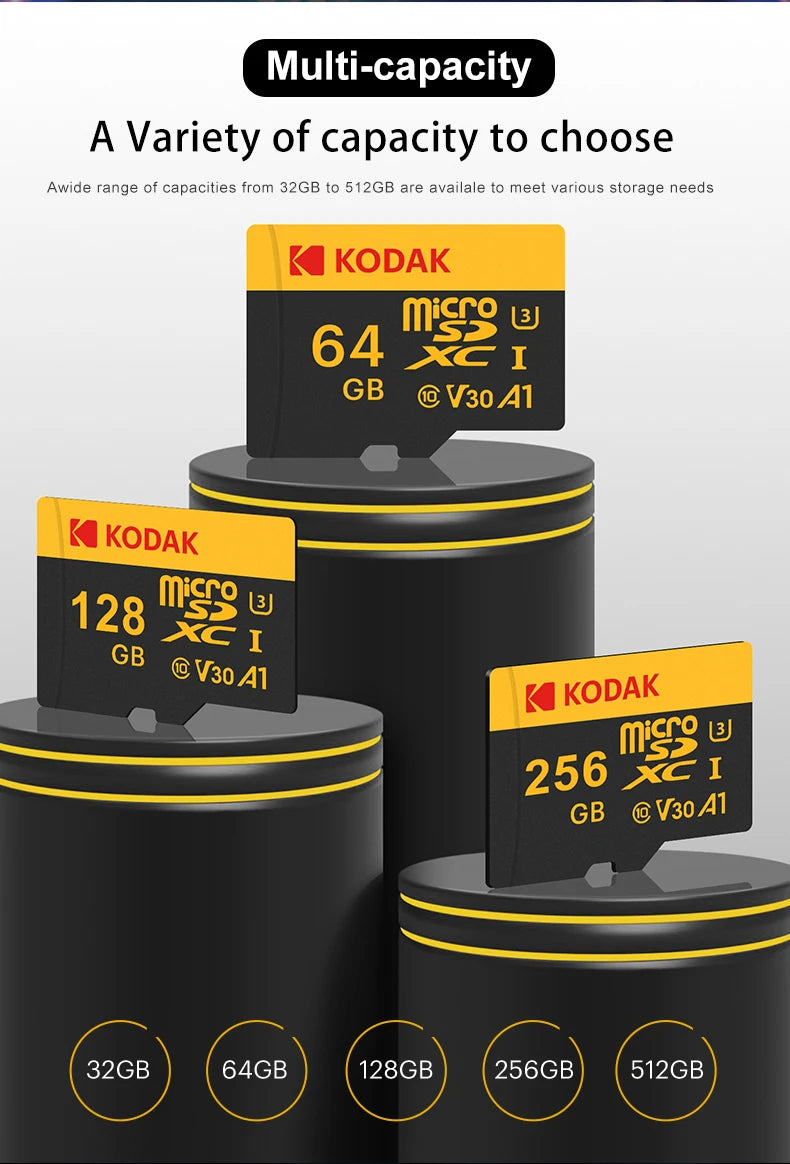 Kodak Micro SD Card Memory Card Class 10 32GB 64GB 128GB 256GB U3 4K High Speed Cartao De Memoria Flash Memory TF Mecard C10