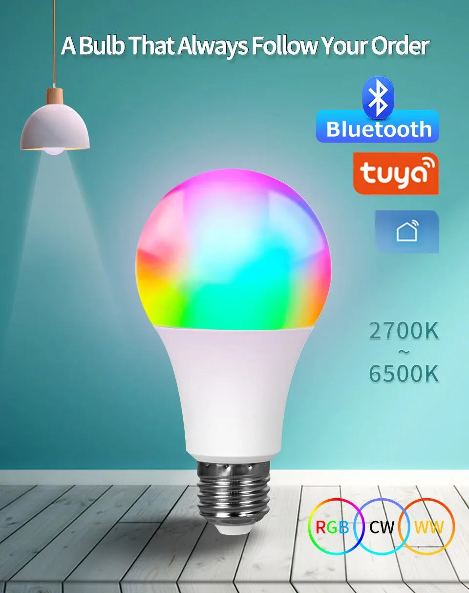 Tuya Smart Bulb E27 WiFi/Bluetooth Dimmable LED Light Bulb RGBCW 100-240V Smart Life App Control Support Alexa Google Home