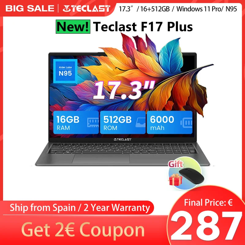 【New】 17,3 inch Teclast F17Plus laptop for Intel N95 16GB RAM 512GB SSD Windows 11 Notebook