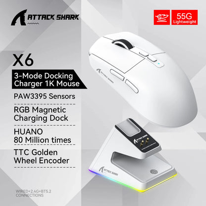 Attack Shark X6 PAW3395 Bluetooth Mouse,Tri-Mode Connection,RGB Touch Magnetic Charging Base,Macro Gaming Mouse