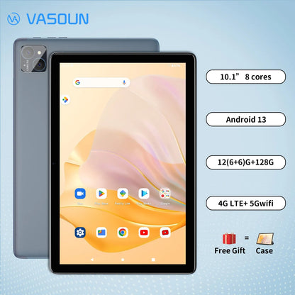 VASOUN Android 14 Tablet 10.1", 12GB(6+6 Expand) RAM, 128GB ROM, Octa Core, Dual SIM 4G Unlocked With 2.4G/5G WiFi GPS