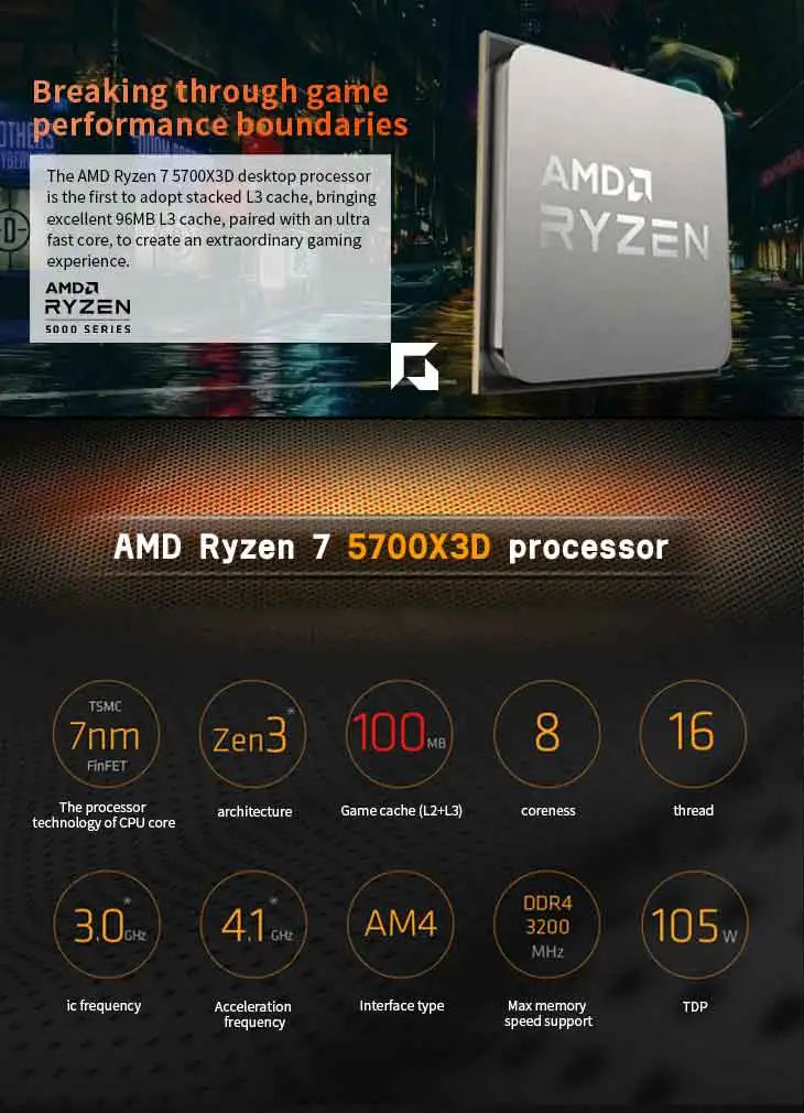 New AMD Ryzen 7 5700X3D - R7 5700X3D 5000 Series 8-Core 4.1 GHz Socket AM4 Thread CPU Processor New but without fan Game Cache