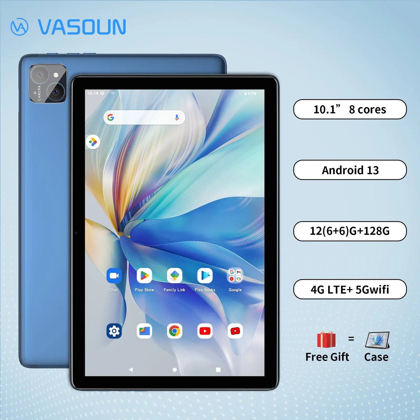 VASOUN Android 14 Tablet 10.1", 12GB(6+6 Expand) RAM, 128GB ROM, Octa Core, Dual SIM 4G Unlocked With 2.4G/5G WiFi GPS