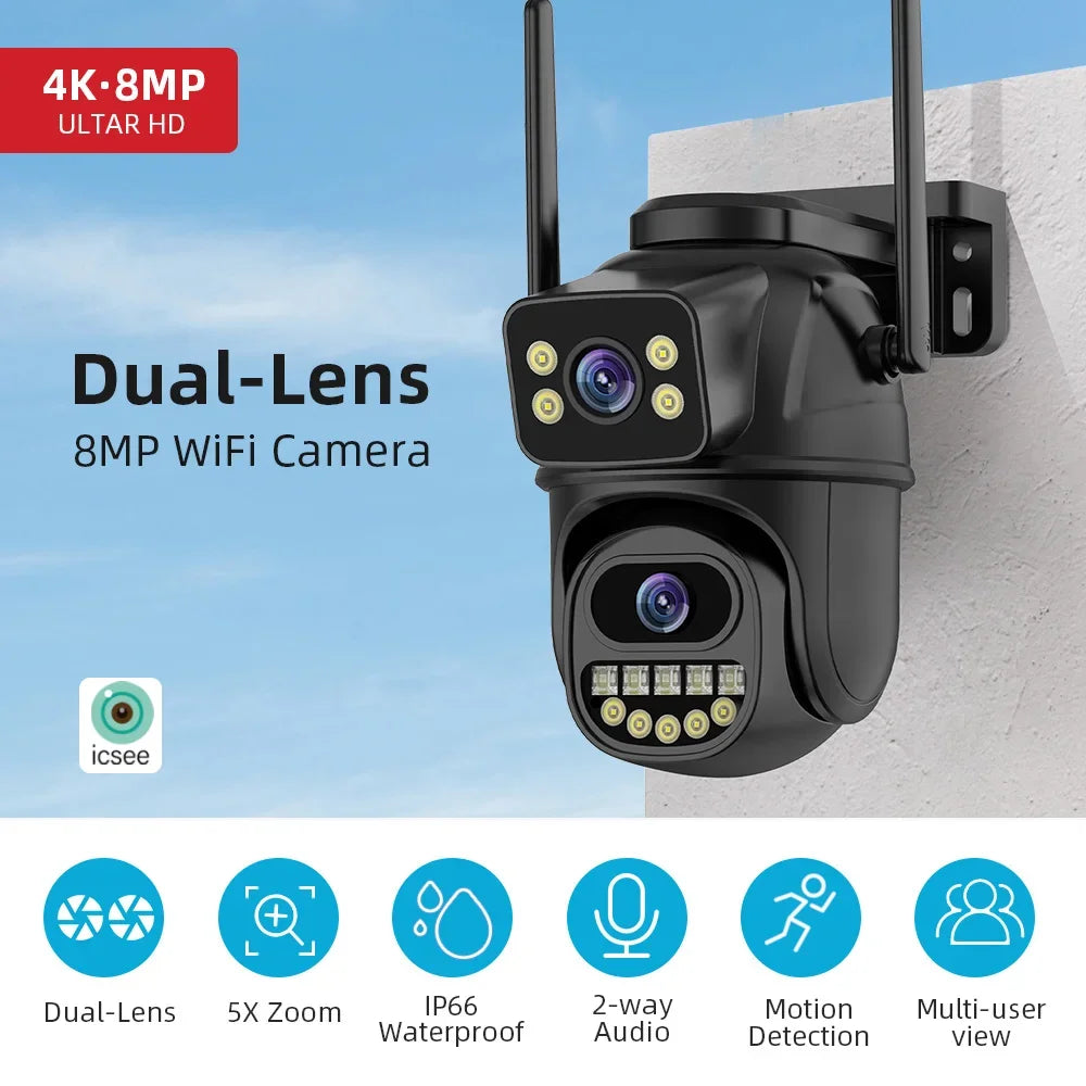 4K 8MP WiFi Surveillance Camera, Dual Lens, 4X Digital Zoom, AI Human Detect, ONVIF, Outdoor Security PTZ IP Cameras