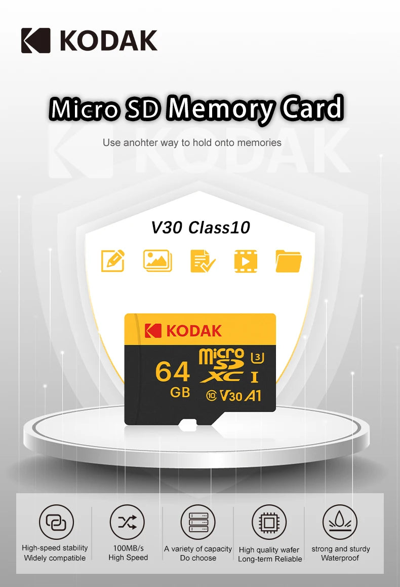 Kodak Micro SD Card Memory Card Class 10 32GB 64GB 128GB 256GB U3 4K High Speed Cartao De Memoria Flash Memory TF Mecard C10