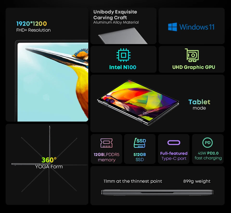 CHUWI MiniBook X 2 In 1 Laptop Tablet Intel N100 10.51" FHD IPS Screen 12GB LPDDR5 512G SSD Windows 11 Notebook 1200*1920