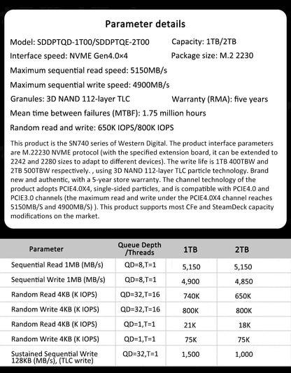 Western Digital WD SN740 1TB 2TB SSD M.2 2230 Gen4 PCIe 4.0 X4 NVMe Solid State Drive for Steam Deck Microsoft Surface ProX