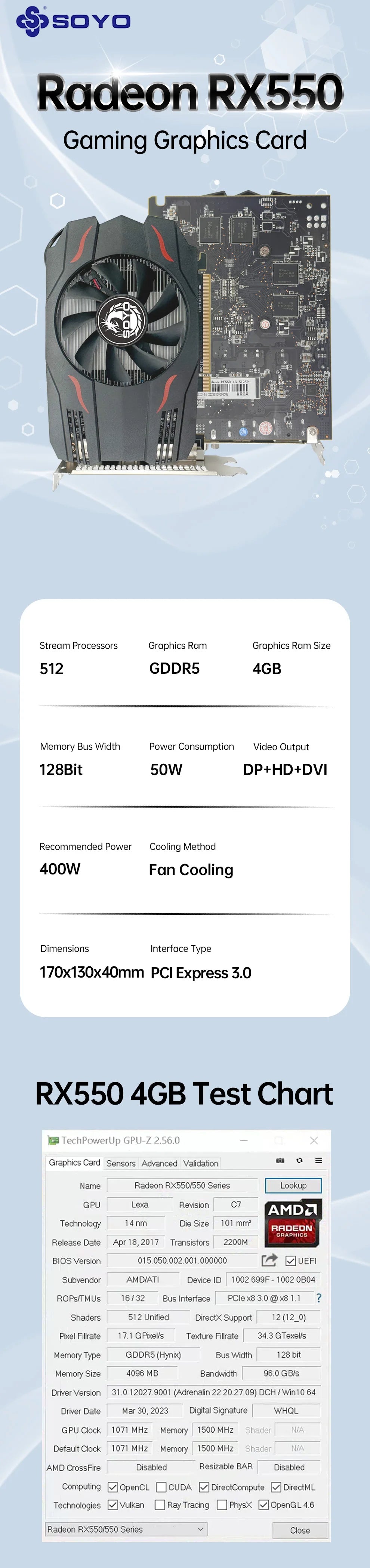 SOYO AMD Radeon RX550 4GB GPU GDDR5 14nm For Desktop PC Games Video Office Graphics Card 128bit HDMI RX 550 Computer Components