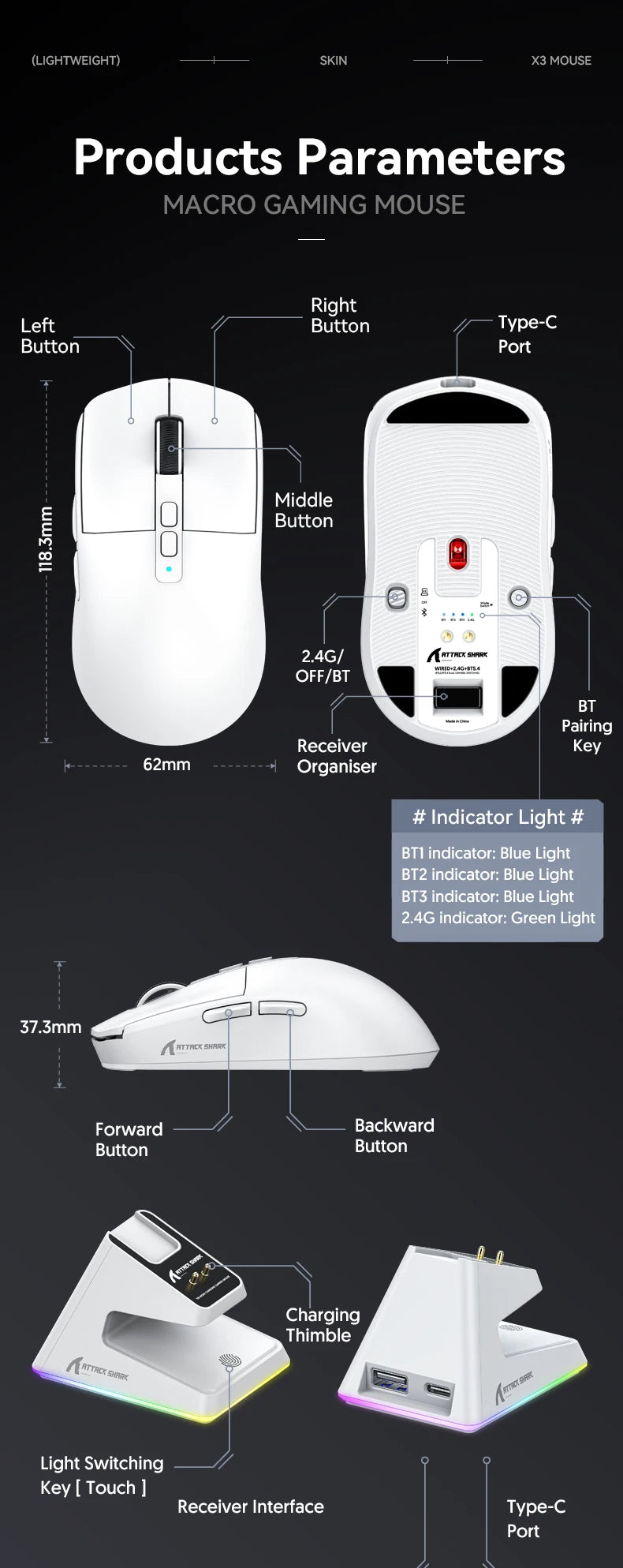 Attack Shark X6 PAW3395 Bluetooth Mouse,Tri-Mode Connection,RGB Touch Magnetic Charging Base,Macro Gaming Mouse