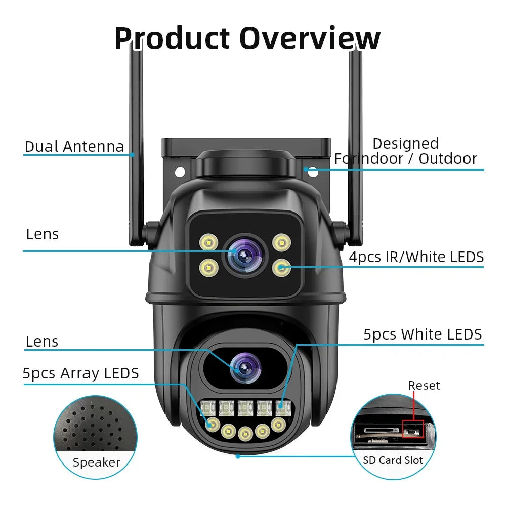 4K 8MP WiFi Surveillance Camera, Dual Lens, 4X Digital Zoom, AI Human Detect, ONVIF, Outdoor Security PTZ IP Cameras