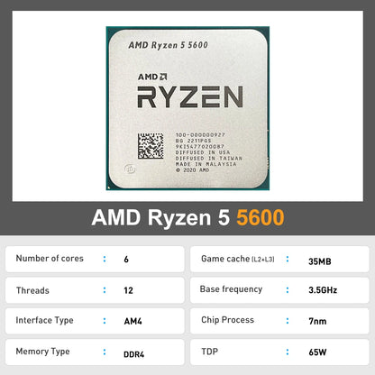 AMD Ryzen 5 5600 R5 5600 5000 Series 6-Core 12-Thread 3.5 GHz CPU Processor 7NM L3=32M Socket AM4 DDR4 New But without cooler