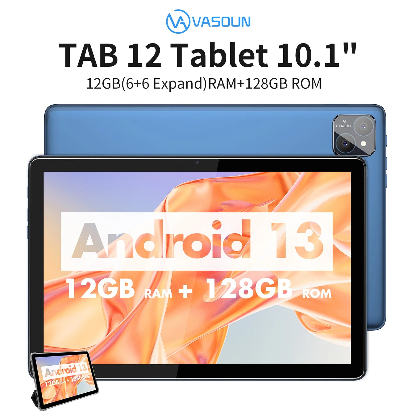 VASOUN Android 14 Tablet 10.1", 12GB(6+6 Expand) RAM, 128GB ROM, Octa Core, Dual SIM 4G Unlocked With 2.4G/5G WiFi GPS