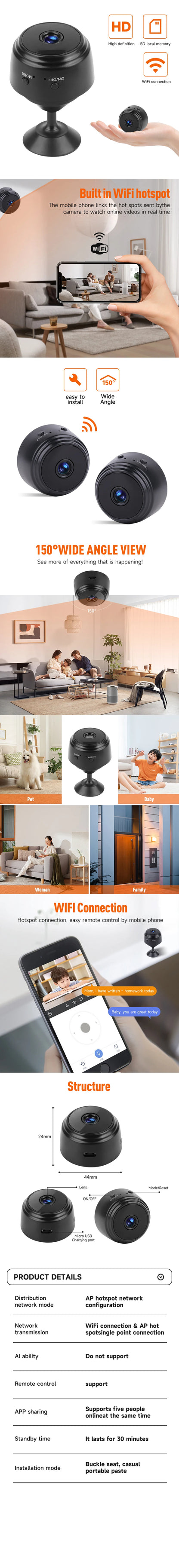 A9 HD Wifi Smart Monitor Surveillance Cameras Sensor Camcorder Web Video Home Safety Wireless Security